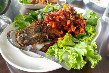 fried fish and chili sauce and Thai herbal. Thai food 
