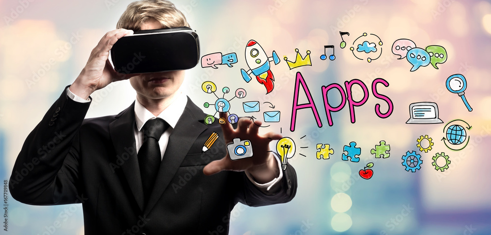 Poster apps text with businessman using a virtual reality headset