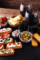 Italian antipasti wine snacks set. Cheese variety, Mediterranean