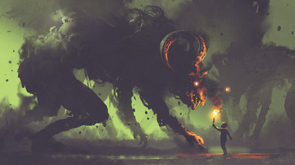 dunkles Fantasy-Konzept, das den Jungen mit einer Fackel zeigt, die Rauchmonstern mit Dämonenhörnern gegenübersteht, digitaler Kunststil, Illustrationsmalerei