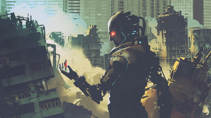 giant futuristic robot looking at woman on its hand in apocalyptic city, digital art style, illustration painting