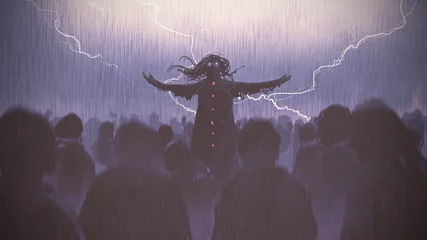 Rolgordijnen black wizard raising arms standing out from the crowd in the rain, digital art style, illustration painting © grandfailure