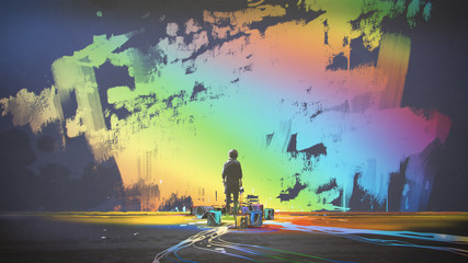 Naklejka premium Tęczowy mural na ścianie