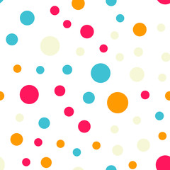 Colorful polka dots seamless pattern on black 18 background. Pleasing classic colorful polka dots textile pattern. Seamless scattered confetti fall chaotic decor. Abstract vector illustration.