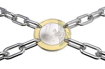 Financial Union. Coin with holes connected with Chain Links in 4 directions.  3d Render. 