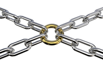 Obraz premium Unite. Golden ring connecting 4 Chain Links. 3d Render. 