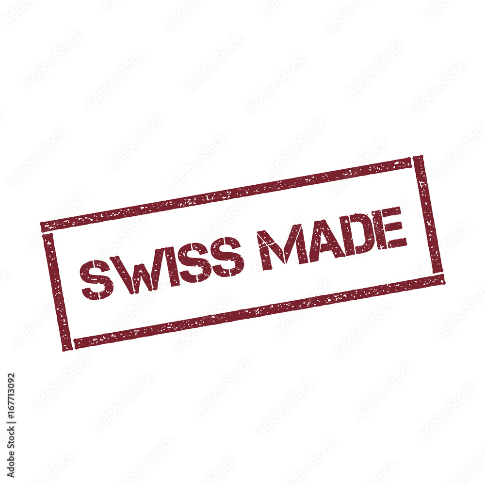 Poster swiss made rectangular stamp. textured red seal with text isolated on white background, vector illus