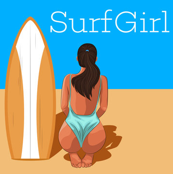 Sexy young surfer girl in swimsuit illustration