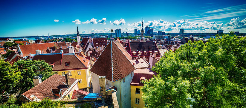 Tallinn, Estonia: aerial top view of the old town in the summer