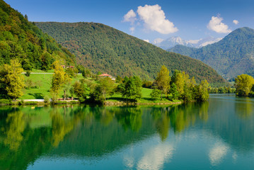 Fototapeta na wymiar Beautiful natural landscape - the Socha river near the village of Most na Sochi, Slovenia.