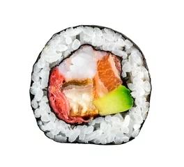 Fotobehang Sushi roll with salmon, shrimps and avocado © Vankad