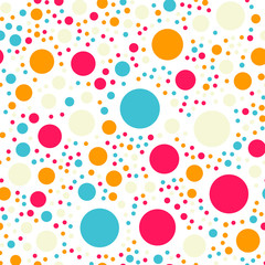 Colorful polka dots seamless pattern on black 18 background. Marvelous classic colorful polka dots textile pattern. Seamless scattered confetti fall chaotic decor. Abstract vector illustration.