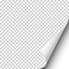Vector page curl on blank transparent sheet of paper with shadow and white next page. Element for ad.