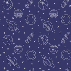 Space travel line icons. Elements of planets, asteroid, sun, earth. Seamless pattern.