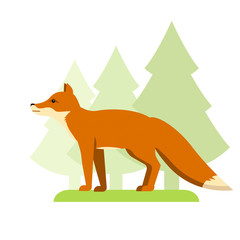 Image in a flat style, cartoon fox on the grass and in the background grow trees