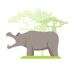 Image in a flat style, cartoon hippo on the grass and in the background grow trees