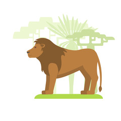 Image in a flat style, cartoon lion on the grass and in the background grow trees