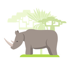 Image in a flat style, a rhinoceros cartoon on the grass and in the background grow trees