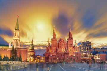 Sunset view of the Red Square, Moscow Kremlin, Lenin mausoleum, historican Museum in Russia. World...