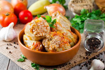 Peppers stuffed with meat and rice in a bowl