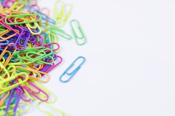 Paper  clips colorful on white background with copy space