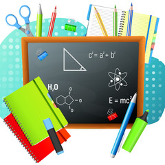 Back to School. Back to School colorful poster with blackboard and school supplies. Vector illustrations.
