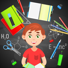 Back to School. Back to School colorful poster with school supplies and boy. Vector illustration