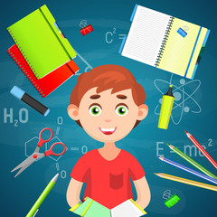 Back to School. Back to School colorful poster with school supplies and boy. Vector illustration