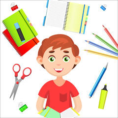 Back to School. Back to School colorful poster with school supplies and boy on white background. Vector illustration