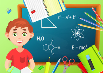 Back to School. Back to School colorful poster with blackboard, school supplies and boy. Vector illustrations.