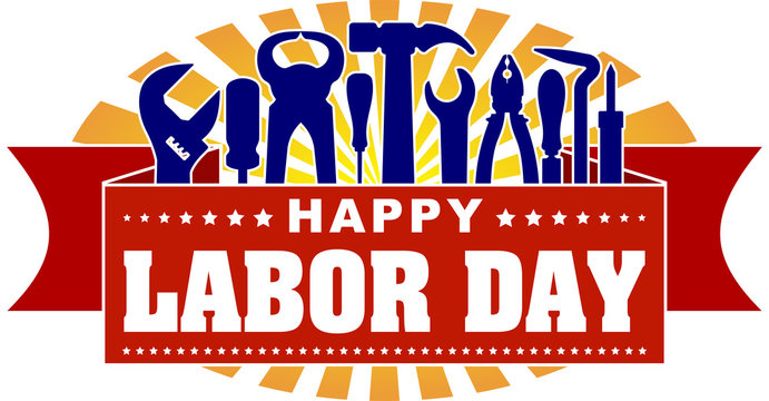 Happy Labor Day colorful celebrating banner with rays of sunburst and silhouettes of workers tools: hammer, screwdriver, pliers, file, soldering iron, pliers, awl, etc.