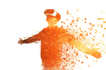 A person in virtual glasses flies to pixels. The man with glasses of virtual reality. Future...