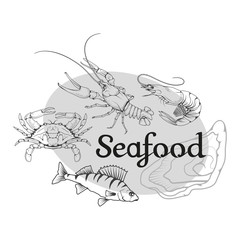 Vector seafood logo. Lobster, crab, sea fish, shrimp, oyster. Isolated on white background. Ocean Delicacies collection