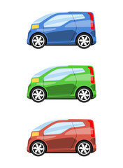 Set of cars side view different colors. Futuristic city van car icon detailed. Vector illustration.