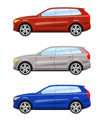Set of cars side view different colors. Suv car icon detailed. Vector illustration.