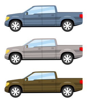 Set of cars side view different colors. Full size truck car icon detailed. Vector illustration.