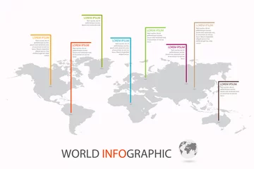 Fotobehang World infographic template. World map with marker on each continent © Yevhenii