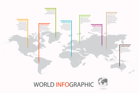 Fototapeta World infographic template. World map with marker on each continent