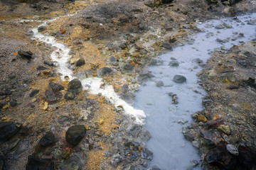 Active geothermic fumes in the onsen hot springs resort of Noboribetsu in the Shikotsu-Toya National Park in Hokkaido, Japan