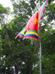 Colorful flag of national traditional monument symbol in Hanoi, Vietnam
