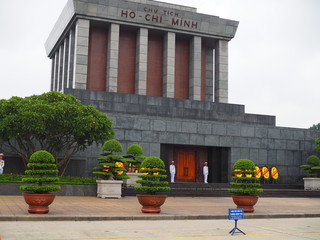Close-up shot of Ho Chi Minh mausoleum marble building in Hanoi, Vietnam