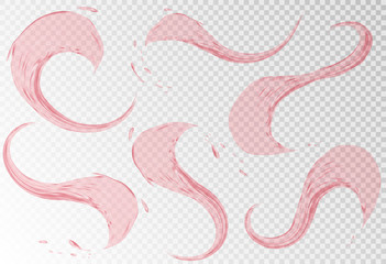 Pouring red wine splashes isolated on transparent background. Realistic liquid with drops created by gradient mesh. Dark red wine like cabernet or merlot. vector 3d illustration