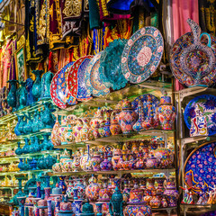 Fototapeta na wymiar Turkish ceramics on sale at the Grand Bazaar in Istanbul, Turkey. Traditional Turkish ceramics