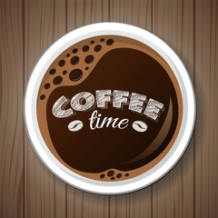 Concept of card with coffee cup on wooden table. Vector.