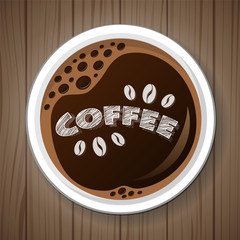 Concept of card with coffee cup on wooden table. Vector.