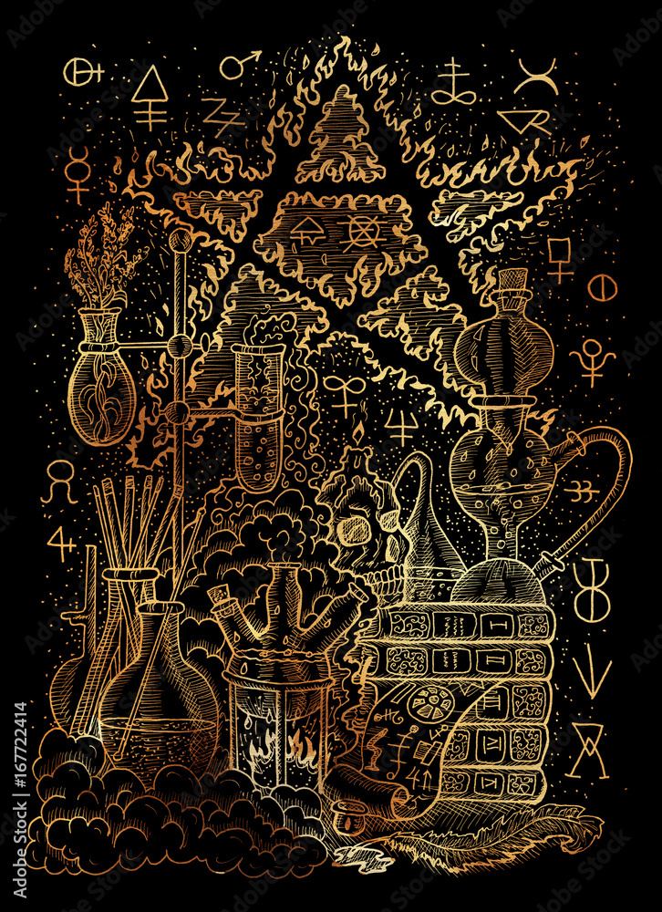 Wall mural mystic illustration with alchemical symbols, skull, fire pentagram and laboratory equipment on black