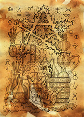 Mystic illustration with alchemical symbols, skull, fire pentagram and laboratory equipment on old paper background
