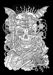 White mystic illustration with scary skull, steampunk and gothic symbols as rose, demon wings, cross, cogs and wheels on texture background