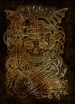 Mystic illustration with scary skull, steampunk and gothic symbols as rose, demon wings, cross, cogs and wheels on texture background