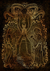 Mystic and esoteric illustration with human skeleton, monks, devils head and spiritual symbols on texture background
